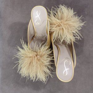 Satin Gold Feather Pompom Mules 5